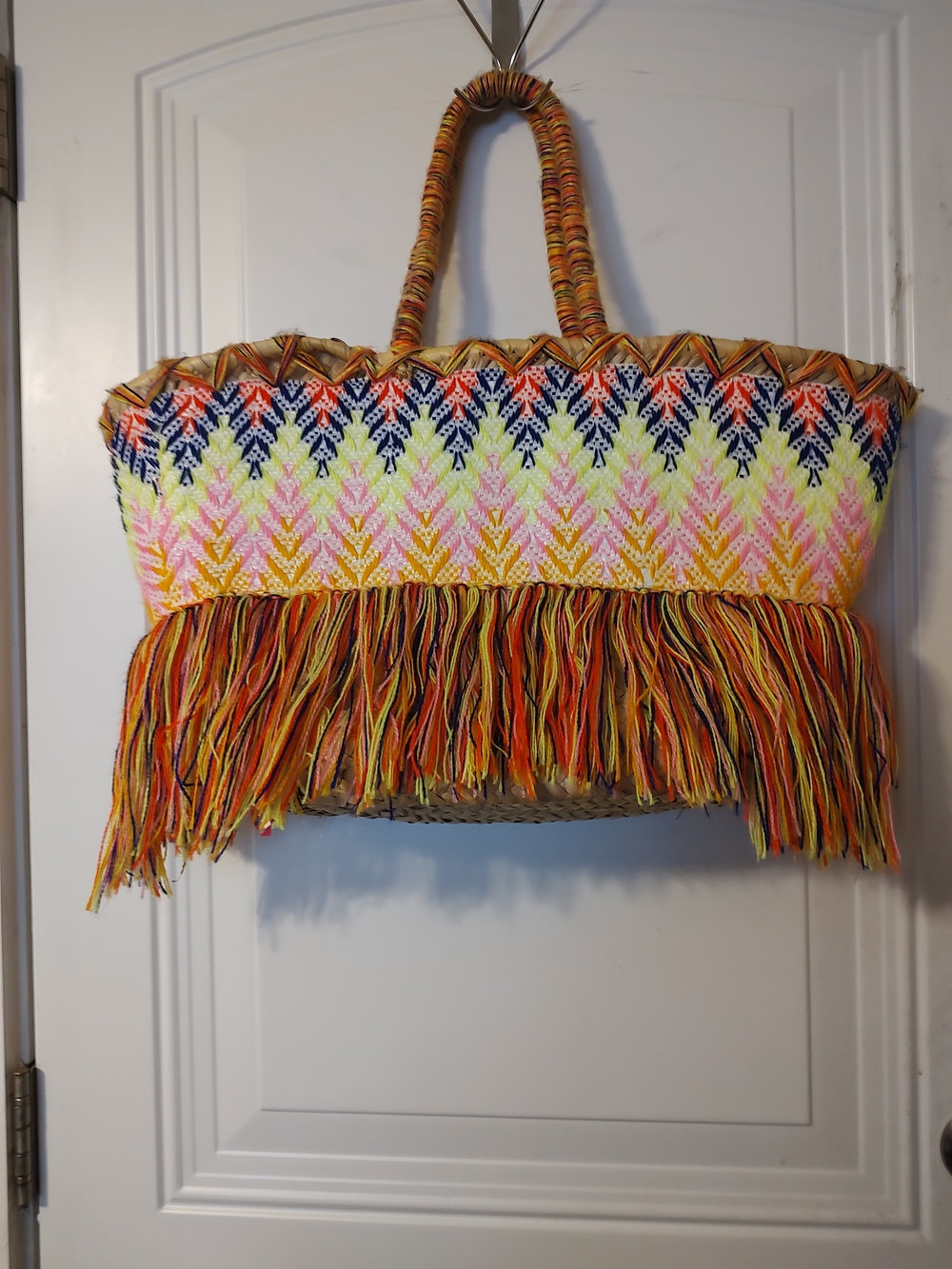 Handwoven Multicolor Fringe Straw Tote - Pink, Yellow & Navy